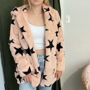 signature studio faux fur pink and black star jacket !!